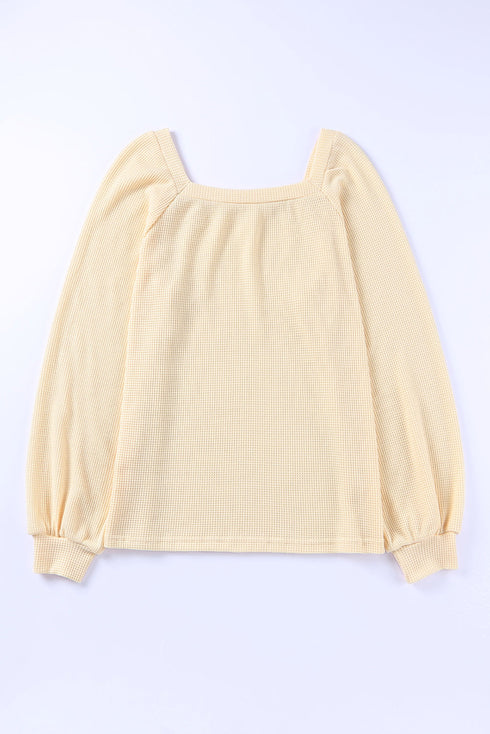 Scoop Neck Puff Sleeve Waffle Knit Top